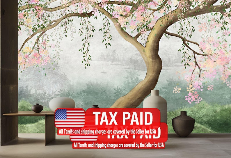 Japanese Flowering Tree Wallpaper Mural Art Gift wallpaper mural showing the full design clearly for modern interior wall de