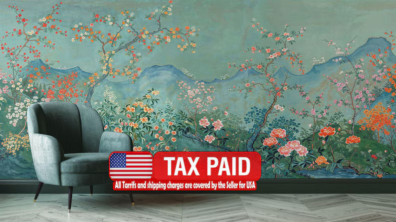 Chinoiserie Blossom Tree Wallpaper Mural – Japanese Mountain Art