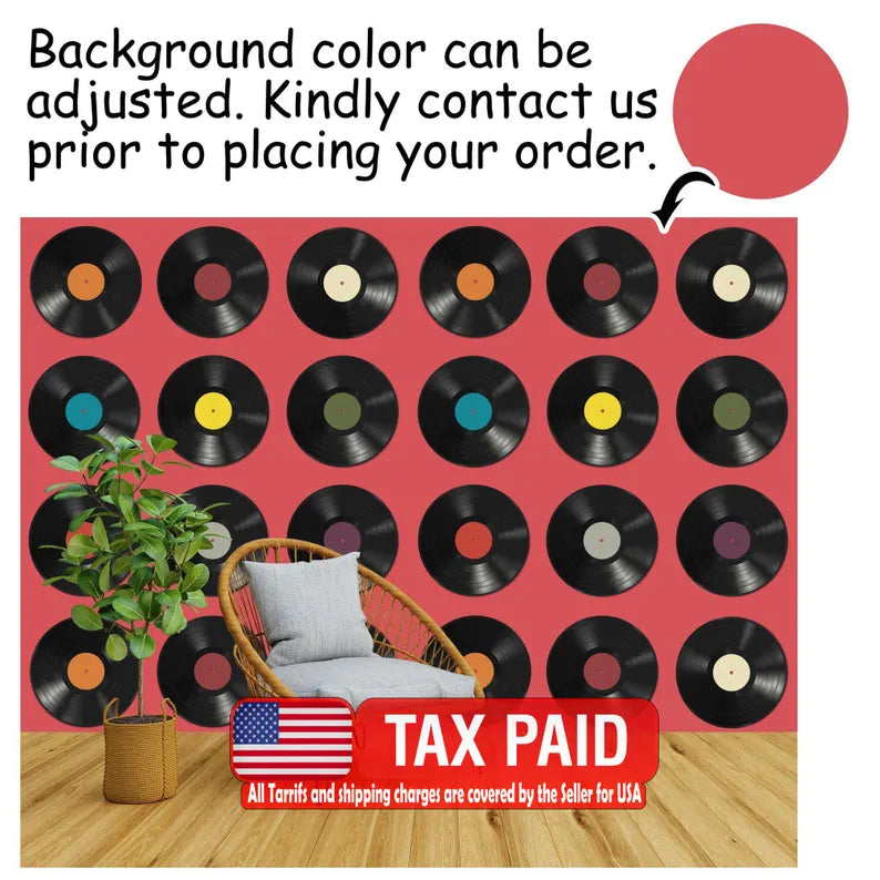 Vinyl Records Wallpaper Mural, Adjustable Background Color