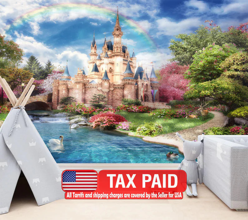 Fantasy colorful princess castle wall mural with magical fairytale design