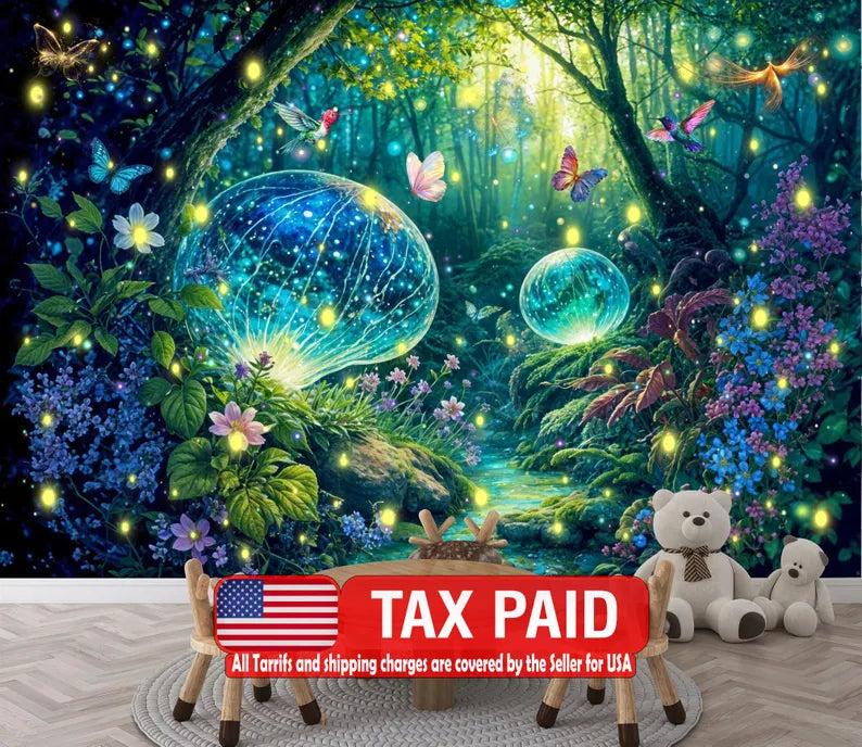 Enchanted Forest Wallpaper Mural, Butterflies, Flowers