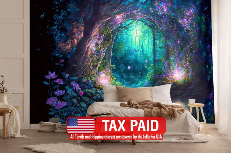 Fantasy Forest Wallpaper Mural, Purple Cyan