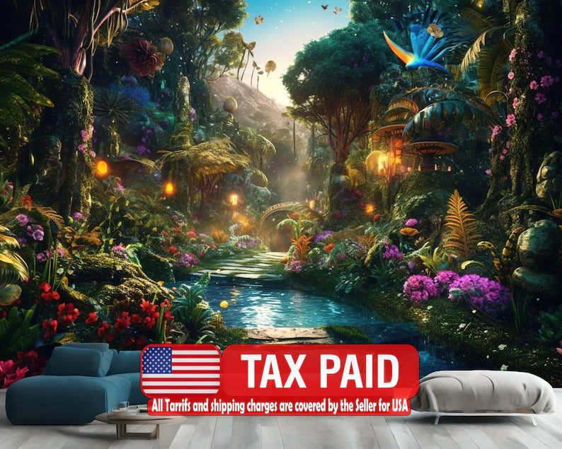 Glowing Fantasy Forest Wallpaper Mural, Peel and Stick Art Print