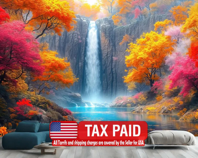 Fantasy Waterfall Wallpaper Mural, Autumn Trees Flowers
