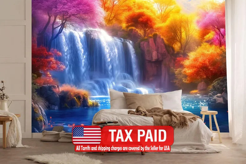 Fantasy Waterfall Wall Mural: Autumn Trees, Flowers