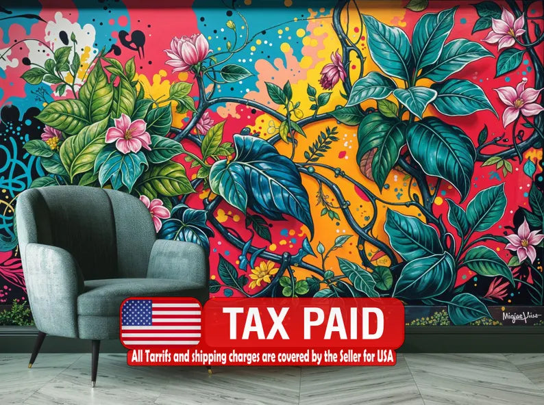 Floral Graffiti Mural, Hand-Drawn Street Art