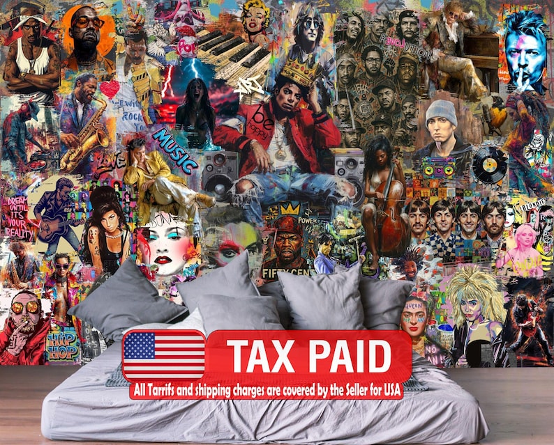 Pop Art Music Stars Graffiti Mural, Urban Wall Decor