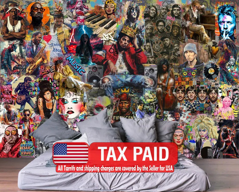 Pop Art Music Stars Graffiti Mural, Urban Wall Decor