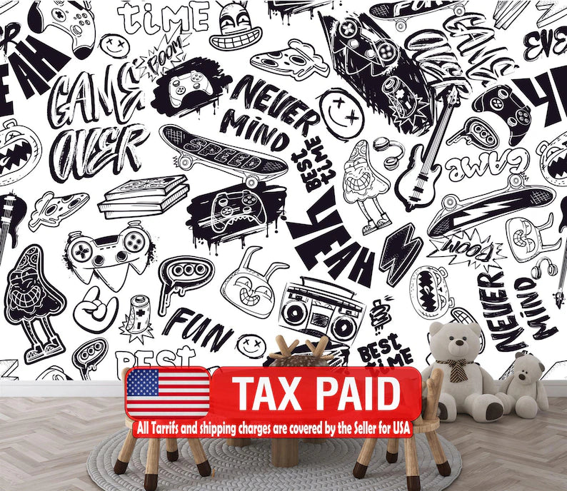 Urban Graffiti Peel and Stick Kids Room Mural, Black and White