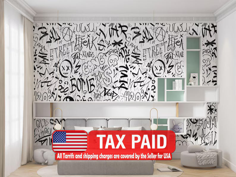 Urban Graffiti Kids Room Wallpaper Mural, Black and White