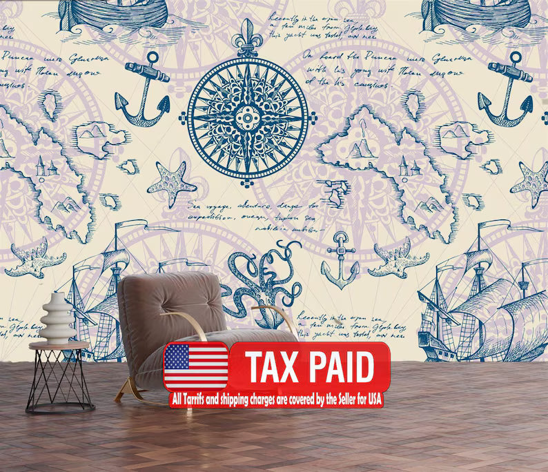 Nautical Map Mural, Vintage Captain's Log Wallpaper