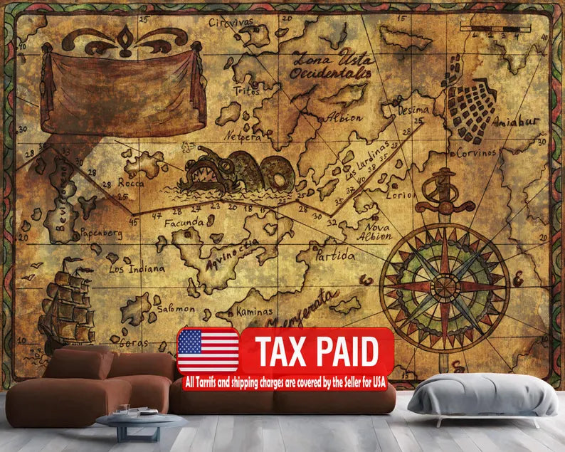 Nautical Map Mural, Captain's Log, Wallpaper