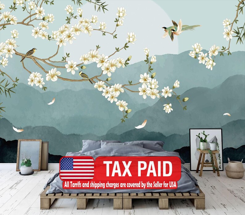 Chinoiserie Floral Wallpaper Mural, Birds and Flowers