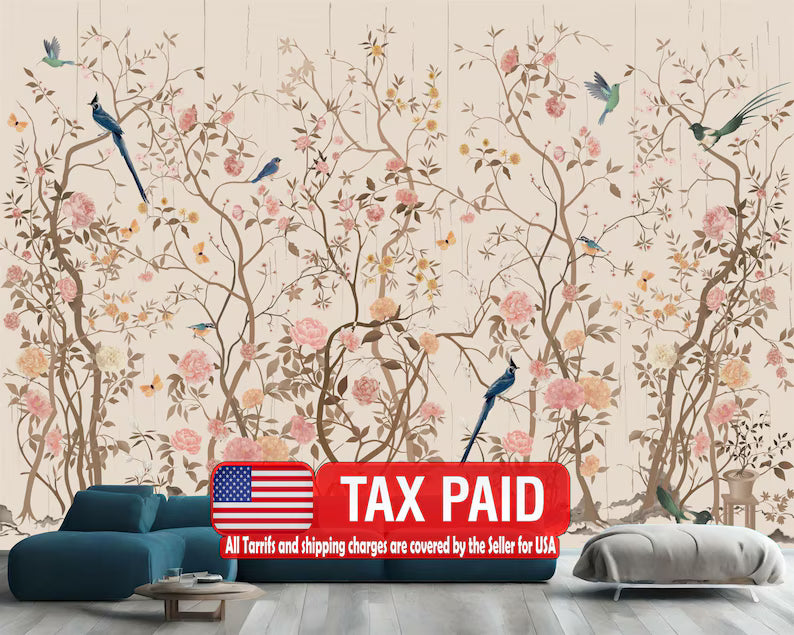 Chinoiserie Floral Wallpaper Mural, China Flower Birds