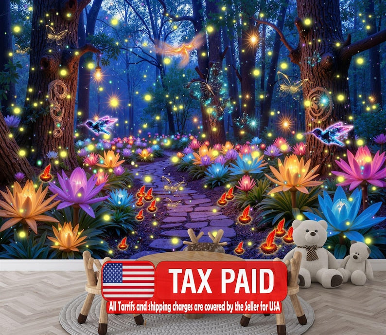 Enchanted Forest Wallpaper Mural, Luminous Butterflies