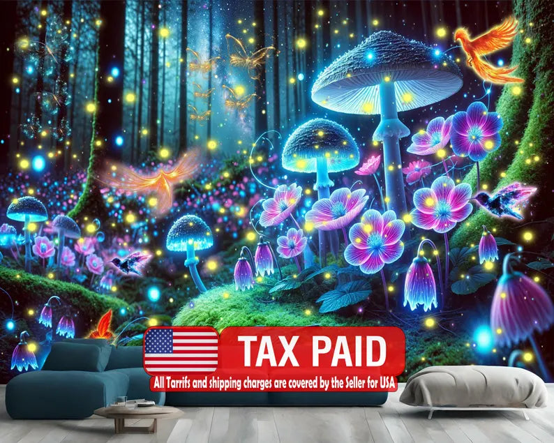 Enchanted Forest Luminous Mushroom Wallpaper Mural
