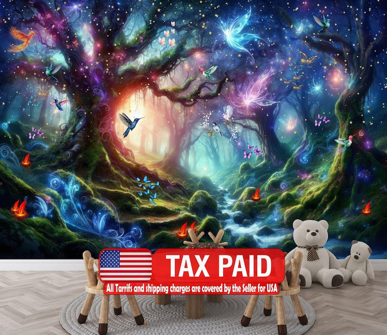 Enchanted Forest Night Wallpaper Mural, Magical Moonlit