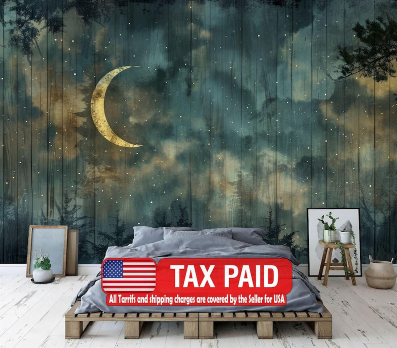 Enchanted Forest Night Sky Wallpaper Mural, Crescent Moon