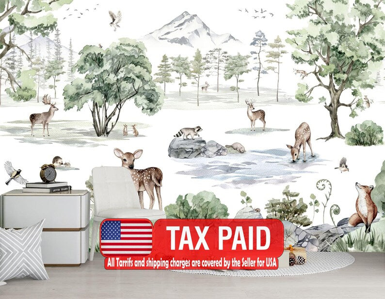 Forest Animals Wallpaper Mural, Kids Nursery Decor