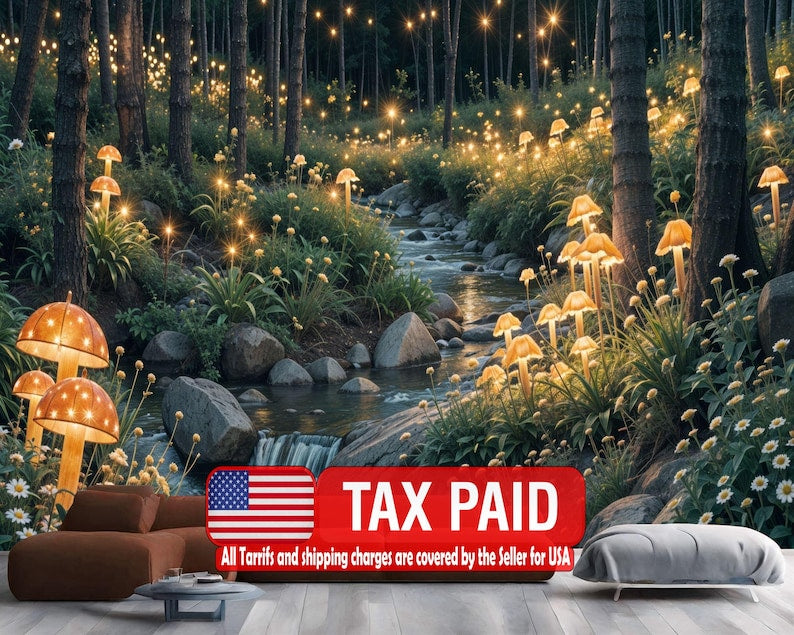 Fairytale Forest Wallpaper Mural, Magical Mushroom Lights