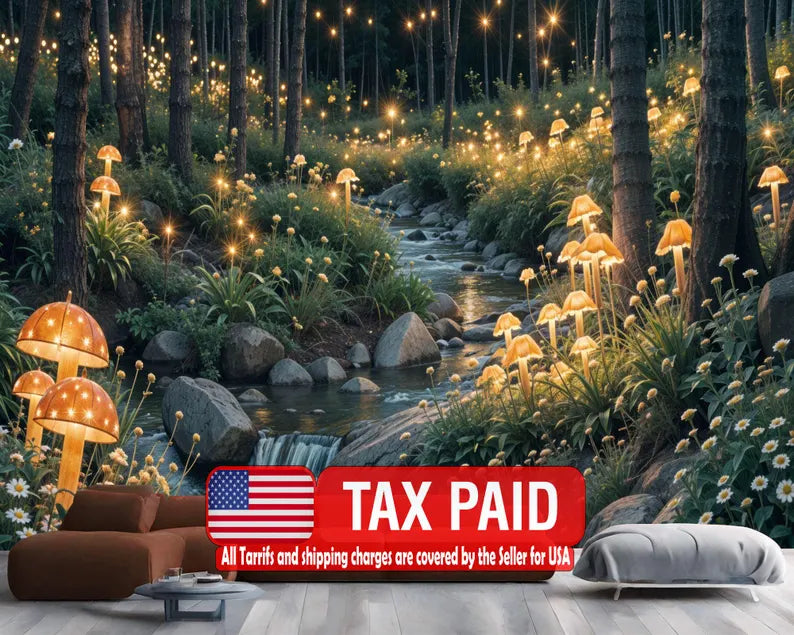  Fairytale forest wallpaper mural featuring glowing magical mushrooms in enchanted woodland setting

