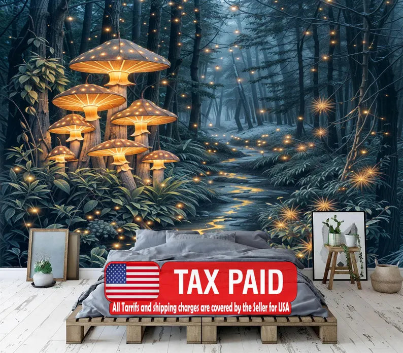 Magical forest wallpaper mural featuring glowing mushrooms and fireflies in an enchanted fairytale night scene

