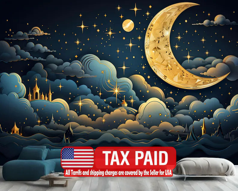 Golden Crescent Moon Wallpaper Mural, Easy-Install