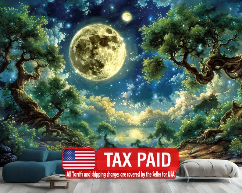 Forest Moon Peel and Stick Wallpaper Mural, Starry Night Wall Decal