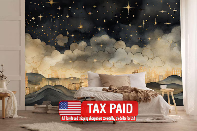 Gold Night Sky Wallpaper Mural, Stars, Clouds Gift