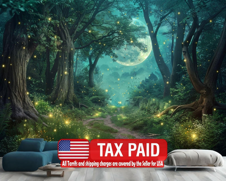 Moonlit Fireflies Forest Wallpaper Mural