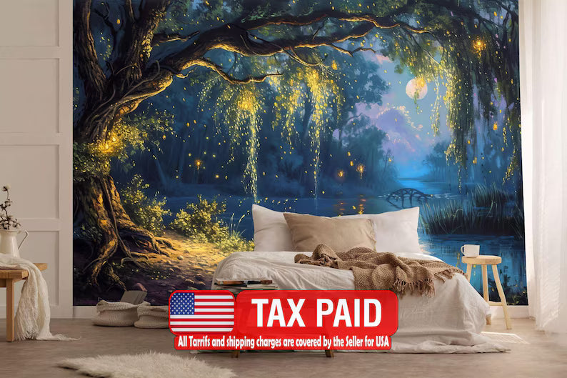 Mystical Forest Tree Wall Mural, Romantic Sky Moon Art