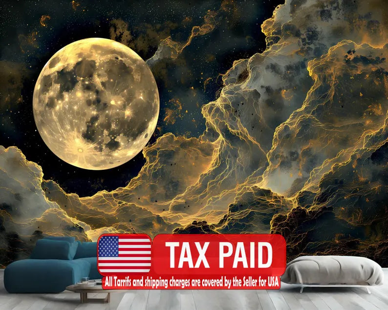 Golden Full Moon Wall Mural, Cloudy Night Art Print
