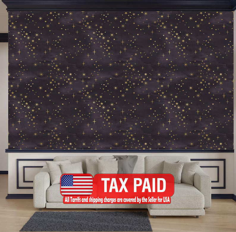 Starry Night Wallpaper Mural: Purple and Gold Shining Stars
