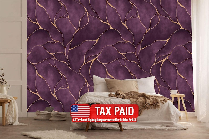 Purple Watercolor Wallpaper Mural, Gold Veins