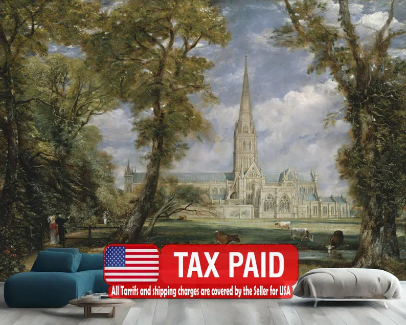 Classic landscape painting wallpaper mural featuring serene natural scenery for elegant home decor
