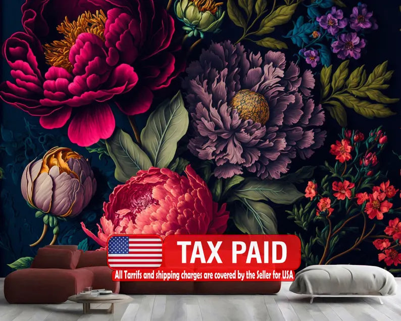 Baroque Peony Flower Wallpaper Mural, Rich Deep Colors