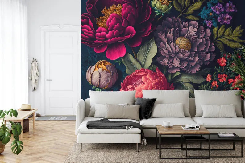 Baroque Peony Flower Wallpaper Mural, Rich Deep Colors