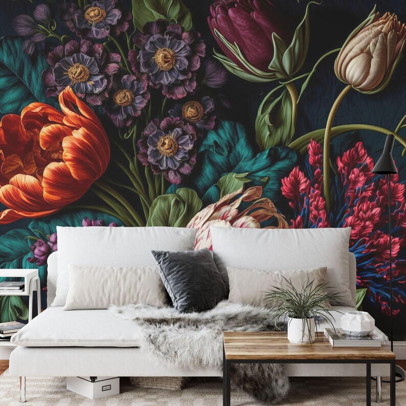 Wallpaper, Peony Flower Wall Mural, Rich Deep Colors