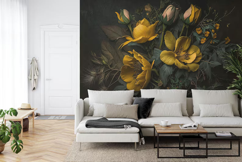 Baroque Peonies Wallpaper Mural, Rich Deep Colors