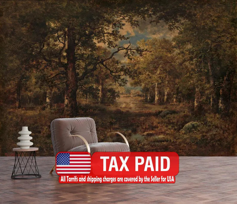 Gloomy Woodland Painting Wallpaper Mural