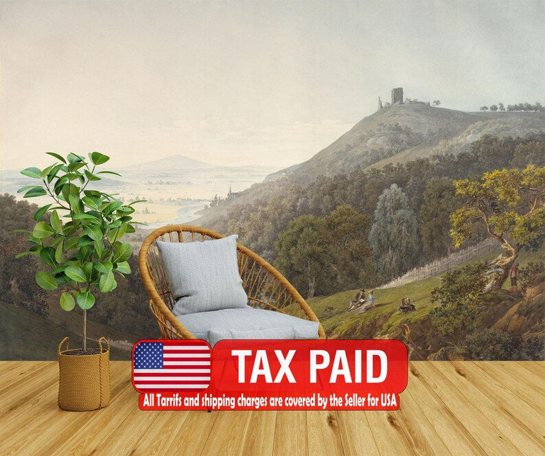 Vintage Mountain Landscape Mural, Rural Art Print