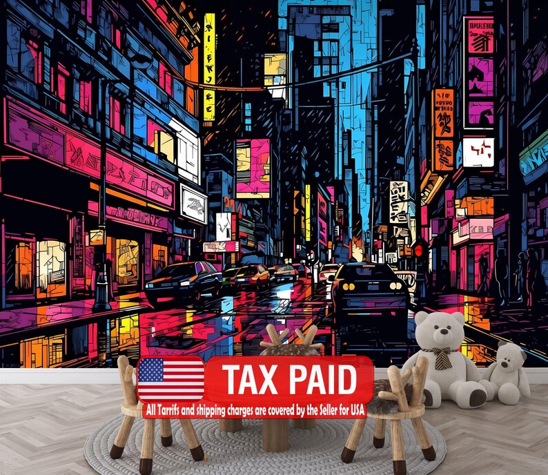 Neon City Street Wallpaper Mural, Kids Room