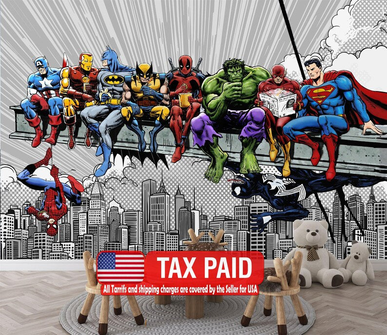 Vintage Comic Superhero Cityscape Wall Mural