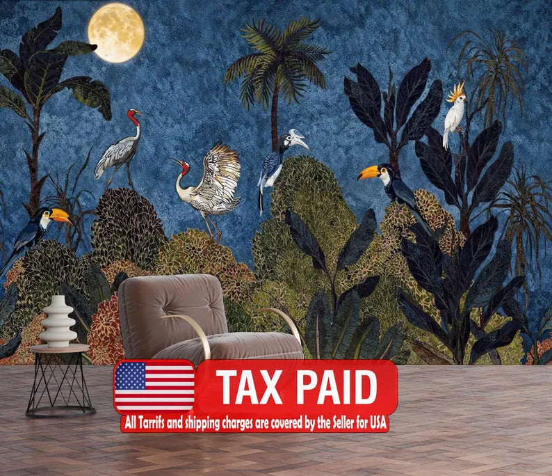 Tropical Jungle Chinoiserie Wallpaper Mural, Exotic