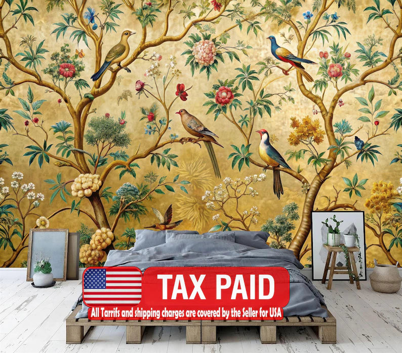 Chinoiserie Crane Wallpaper Mural, Spring Flowers Birds