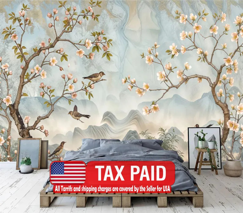 Vintage Chinoiserie Bird and Tree Mural