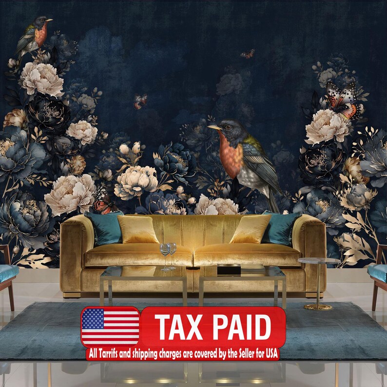 Vintage Chinoiserie Mural | Birds, Flowers, Trees Art Print