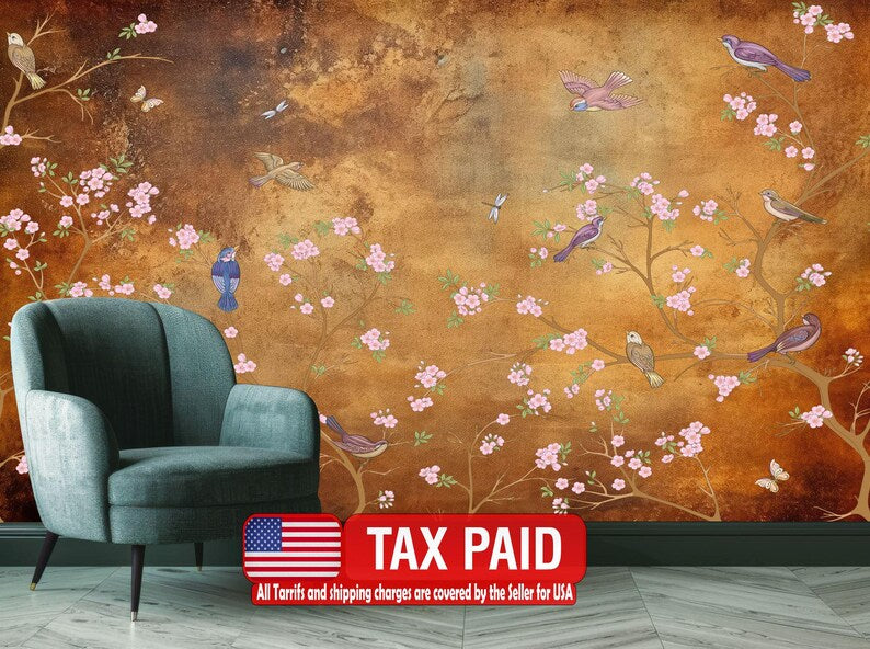 Chinoiserie Wallpaper Flowers Birds Mural - Vintage Style