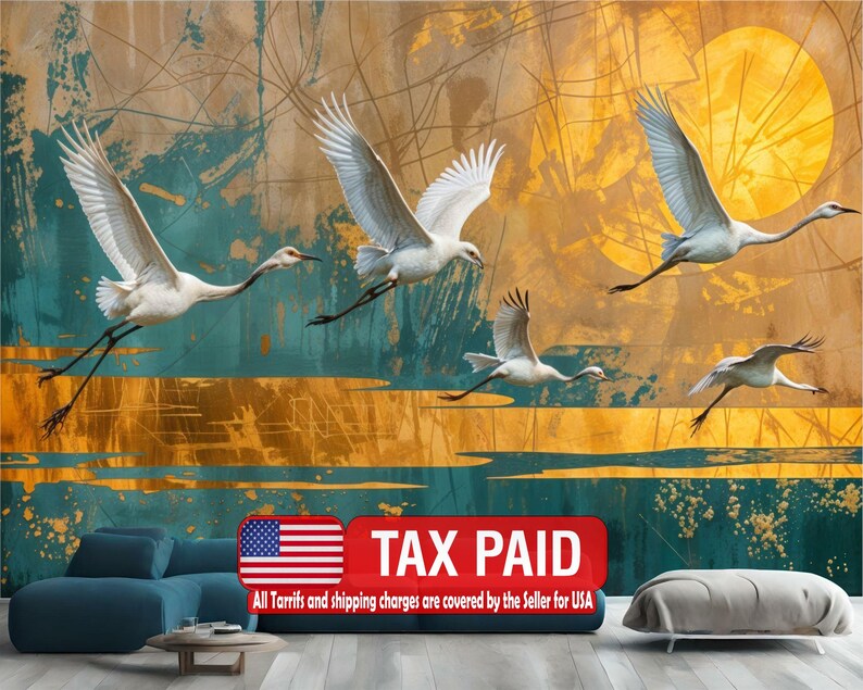 Vintage Chinoiserie Crane Art Print Wallpaper Mural