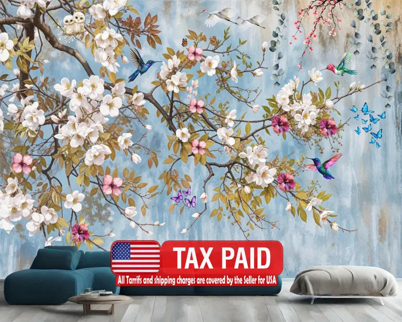 Vintage chinoiserie peach blossom tree wall mural with delicate pink flowers on aged beige background
